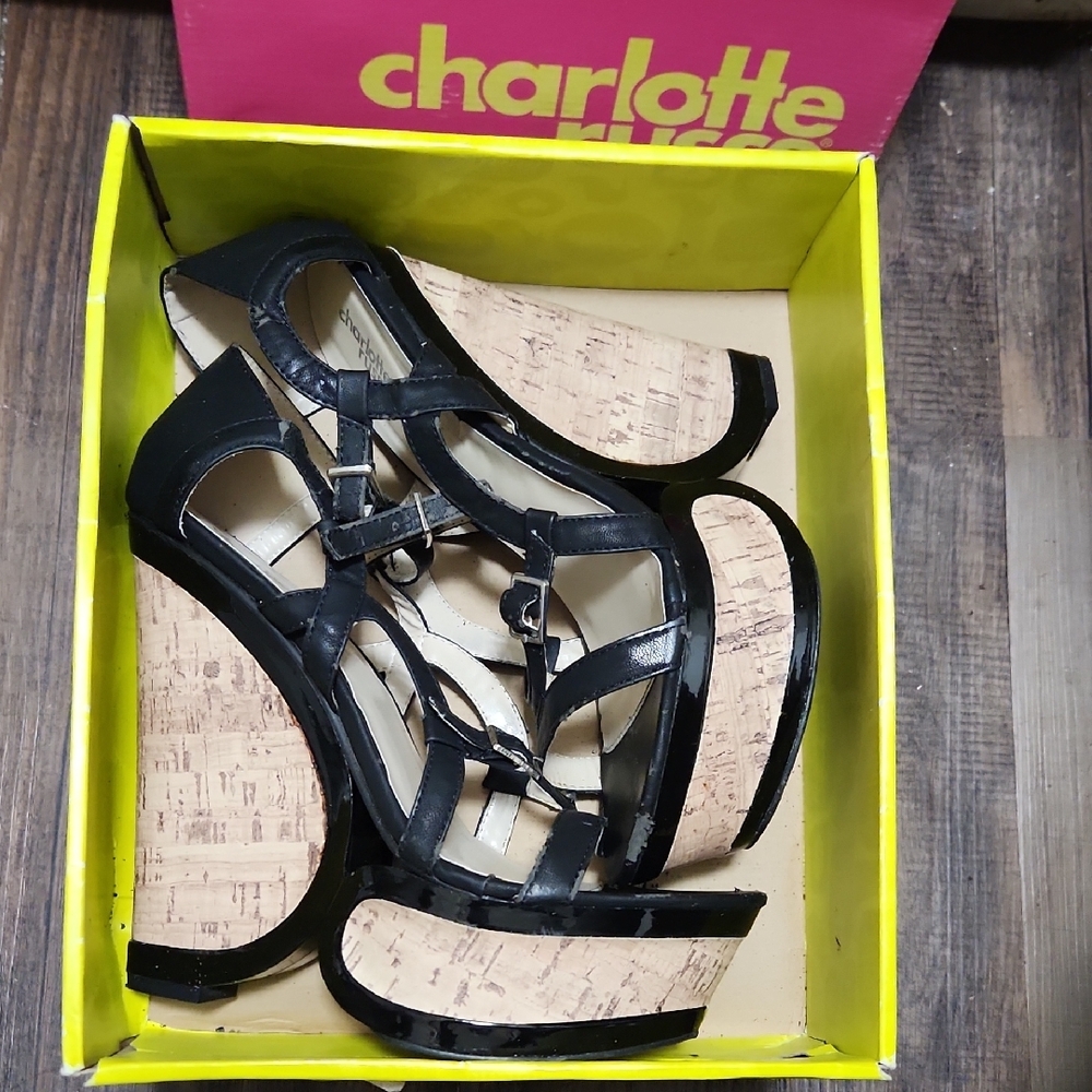 Charlotte Russe Black and Tan Wedge Shoes with Strappy Design